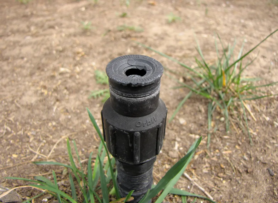 Close view of a black pop-up sprinkler body above the soil