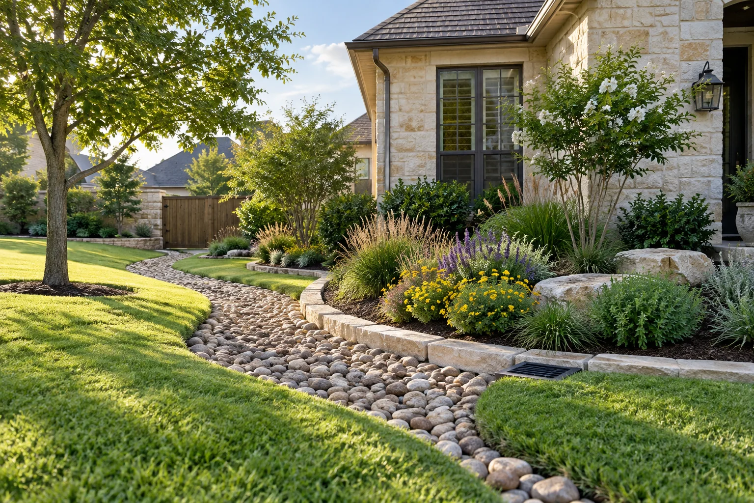 Illustrative landscape with a planted bed, lawn, stone-lined drainage path, and area drain beside a limestone home